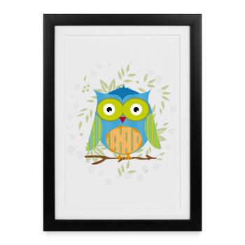 Hibou patchwork élégant sur une branche dans une mer de feuilles - Affiche encadrée (27 × 37 cm) - noir - Devant