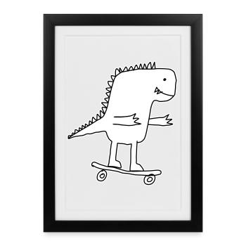 Dino skateboard dessin animé, Cool dinosaure Nerd enfants - Affiche encadrée (27 × 37 cm) - noir - Devant