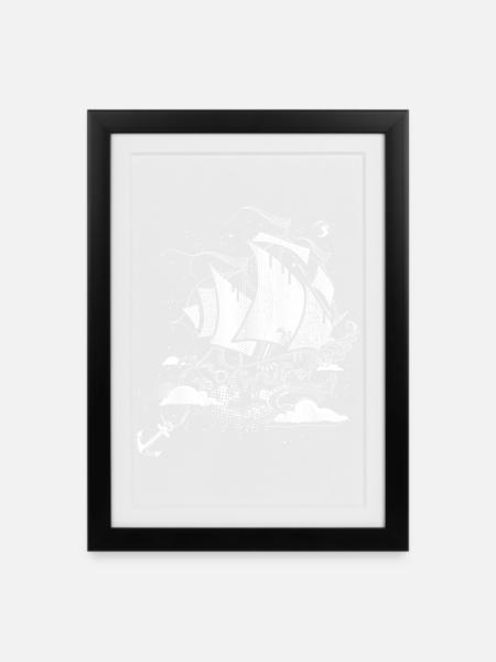 Fantastinen purjelaiva retro kuvitustyyli - Kehystetty juliste (27 × 37 cm) - musta