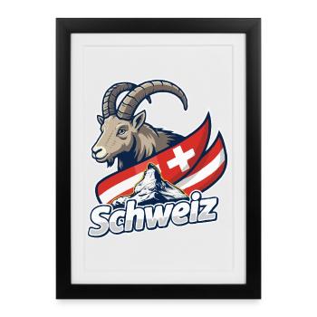 Alpine Ibex with Swiss flag - Framed poster (27 × 37 cm) - black - Front
