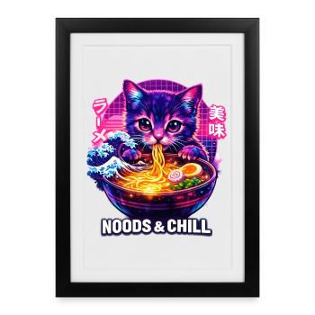 Ramen Nouilles, Amoureux des Chats, Kats Kawaii Rétro - Affiche encadrée (27 × 37 cm) - noir - Devant