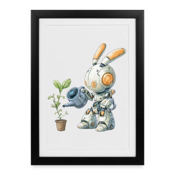 Robot rabbit watering plant - Framed poster (27 × 37 cm) - black - Front