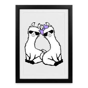 Deux lamas amoureux de lunettes de soleil cool assises - Affiche encadrée (27 × 37 cm) - noir - Devant