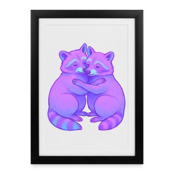 Des ratons laveurs violets câlins sous la lumière néon - Affiche encadrée (27 × 37 cm) - noir - Devant