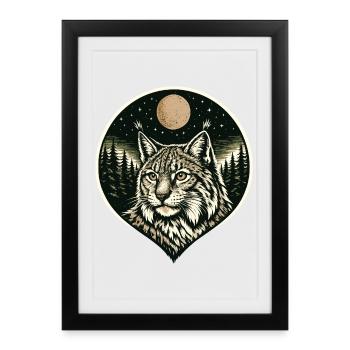 Silent Focus - Lynx dans le style de la gravure sur bois - Affiche encadrée (27 × 37 cm) - noir - Devant