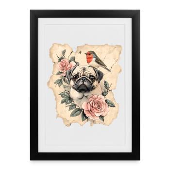 Pug and bird - Framed poster (27 × 37 cm) - black - Front