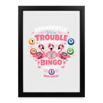 Bingo Flamingos : Drôle de design féminin - Affiche encadrée (27 × 37 cm) - noir - Devant