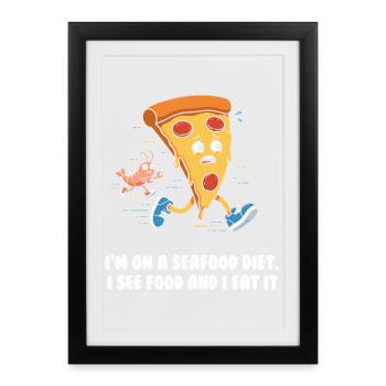 Seafood Diet pun with pizza and shrimp - Framed poster (27 × 37 cm) - black - Front