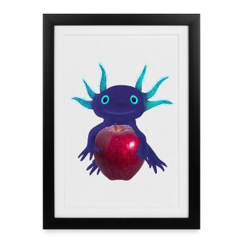 Blue Axolotl with Red Apple, Hand Drawing - Framed poster (27 × 37 cm) - black - Front