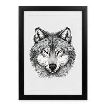 Wolfskopf, gezeichnetes Kunstwerk - Gerahmtes Poster (27 × 37 cm) - Schwarz - Vorne