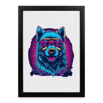 Loup Néon Loup Rétro À Lunettes - Affiche encadrée (27 × 37 cm) - noir - Devant