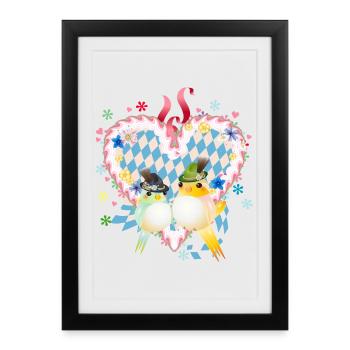 Cœur bavarois en pain d’épices avec deux oiseaux en costume traditionnel - Affiche encadrée (27 × 37 cm) - noir - Devant