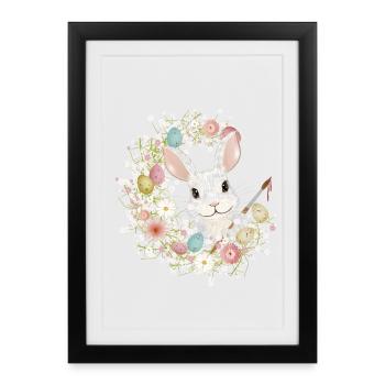 Lapin blanc avec des œufs de Pâques et une brosse pour Pâques - Affiche encadrée (27 × 37 cm) - noir - Devant