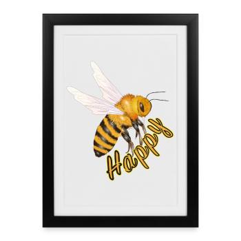 jaune Happy lettrage avec abeille dessinée à la main - Affiche encadrée (27 × 37 cm) - noir - Devant