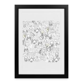 Gruselige Halloween Zeichnungen Schwarz Weiß - Gerahmtes Poster (27 × 37 cm) - Schwarz - Vorne