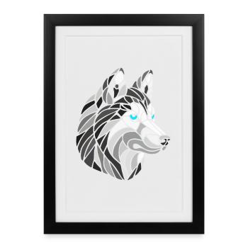 Black and White Husky with Blue Eyes, Geometric - Framed poster (27 × 37 cm) - black - Front