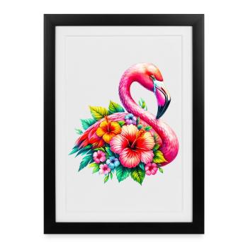 Flamant rose décoré de fleurs d’hibiscus - Affiche encadrée (27 × 37 cm) - noir - Devant
