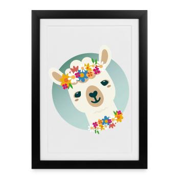 Flowery Alpaca with Wreath – Cheerful Summer Motif - Framed poster (27 × 37 cm) - black - Front