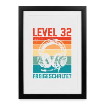 32e anniversaire Hommes Gamer Niveau 32 Débloqué - Affiche encadrée (27 × 37 cm) - noir - Devant