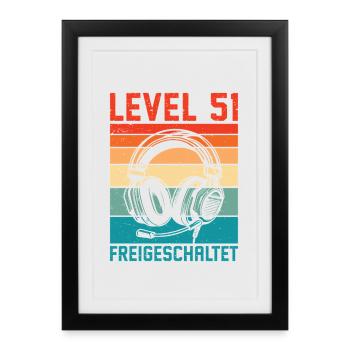 51e anniversaire Homme Gamer Niveau 51 débloqué - Affiche encadrée (27 × 37 cm) - noir - Devant