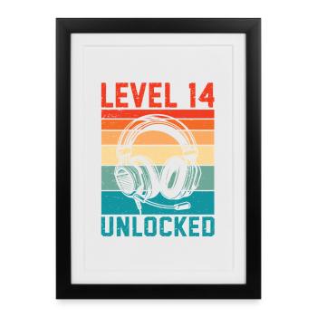 14 ans Anniversaire Ado Gamer Level 14 Unlocked - Affiche encadrée (27 × 37 cm) - noir - Devant
