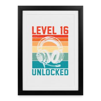 16 ans Anniversaire Ado Gamer Level 16 Unlocked - Affiche encadrée (27 × 37 cm) - noir - Devant
