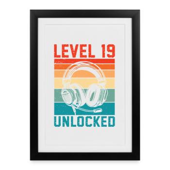 Level 19 Unlocked – Cadeau gamer 19 ans - Affiche encadrée (27 × 37 cm) - noir - Devant