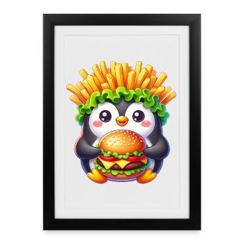 pingouin mignon avec burger frites design de restauration rapide - Affiche encadrée (27 × 37 cm) - noir - Devant