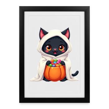Chat d’Halloween avec citrouille d’Halloween - Affiche encadrée (27 × 37 cm) - noir - Devant