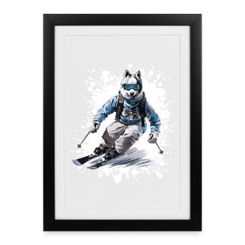 Husky Dog Ski Skiing - Framed poster (27 × 37 cm) - black - Front