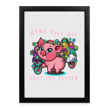 Cochon rose avec des ballons colorés (Furtz) - Affiche encadrée (27 × 37 cm) - noir - Devant