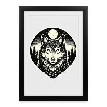 Hurleur de nuit - Loup en style gravure sur bois - Affiche encadrée (27 × 37 cm) - noir - Devant