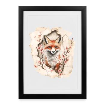 Renard aux cerisiers en fleurs - Affiche encadrée (27 × 37 cm) - noir - Devant