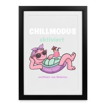 Schildkröte Chillmodus aktiviert: Pinke Lounge - Gerahmtes Poster (27 × 37 cm) - Schwarz - Vorne