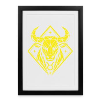 Taureau géométrique - Force pure - Signe du zodiaque Taureau - Affiche encadrée (27 × 37 cm) - noir - Devant