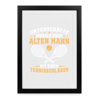 Alter Mann Mit Tennisschläger Tennis Tennisspieler - Gerahmtes Poster (27 × 37 cm) - Schwarz - Vorne