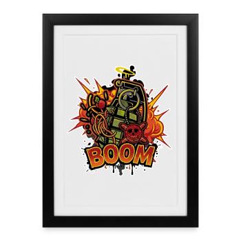 Boom Handgranate – Cooles Comic Grafitti Design - Gerahmtes Poster (27 × 37 cm) - Schwarz - Vorne