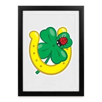 Porte-bonheur avec fer à cheval à feuilles de trèfle et coccinelle - Affiche encadrée (27 × 37 cm) - noir - Devant