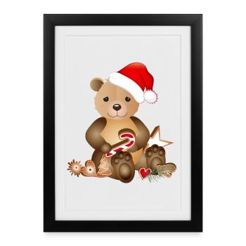 ours d’or pour Noël avec chapeau de Noël - Affiche encadrée (27 × 37 cm) - noir - Devant