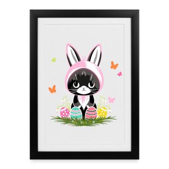 Chat de Pâques Oeufs de Pâques Costume de lapin - Affiche encadrée (27 × 37 cm) - noir - Devant