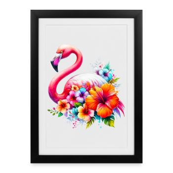 Flamant rose décoré de fleurs d’hibiscus - Affiche encadrée (27 × 37 cm) - noir - Devant