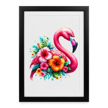 Flamant rose décoré de fleurs d’hibiscus - Affiche encadrée (27 × 37 cm) - noir - Devant