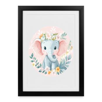 Sanftes Elefantenbaby mit Blumenkranz - Gerahmtes Poster (27 × 37 cm) - Schwarz - Vorne