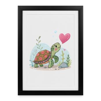 Tortue rêveuse au cœur floral - Affiche encadrée (27 × 37 cm) - noir - Devant