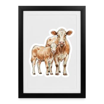 Vache et veau – Art de l’aquarelle avec cœur - Affiche encadrée (27 × 37 cm) - noir - Devant