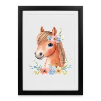 Cheval mignon avec des fleurs - Affiche encadrée (27 × 37 cm) - noir - Devant