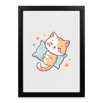 Chat câlin sur oreiller étoiles - Affiche encadrée (27 × 37 cm) - noir - Devant