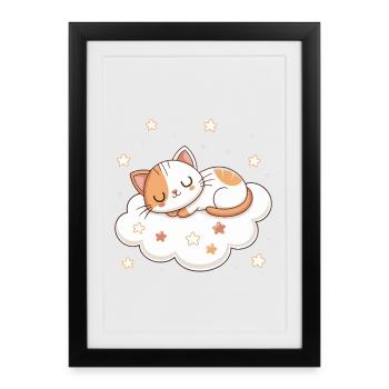 Chaton rêveur sur nuage - Affiche encadrée (27 × 37 cm) - noir - Devant