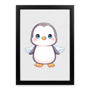 Ange animé pingouin mignon Kawaii Chibi - Affiche encadrée (27 × 37 cm) - noir - Devant