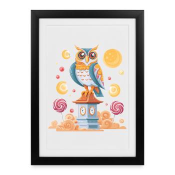 Veille de hiboux à la tour de l’horloge avec des nuages de sucre - Affiche encadrée (27 × 37 cm) - noir - Devant